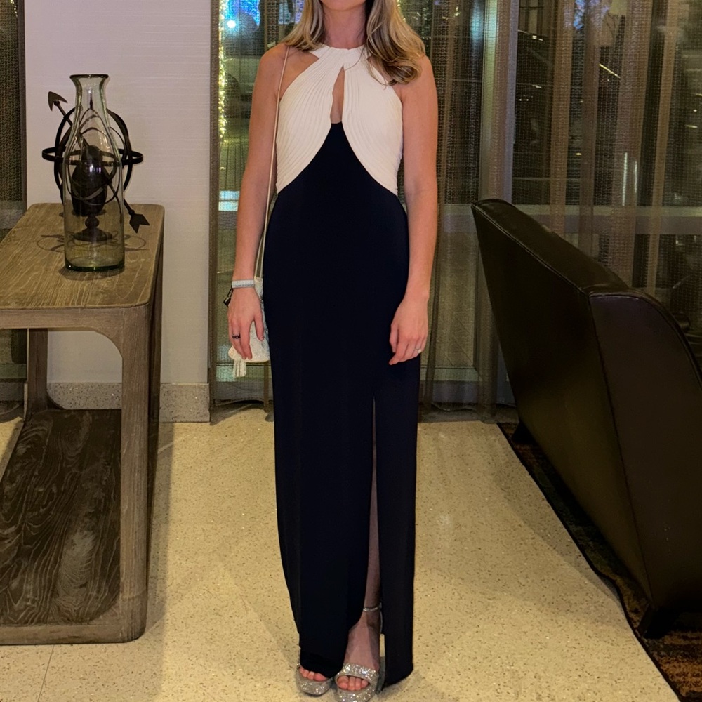 Tadashi floor length halter high neck gown white navy pleated slit vintage